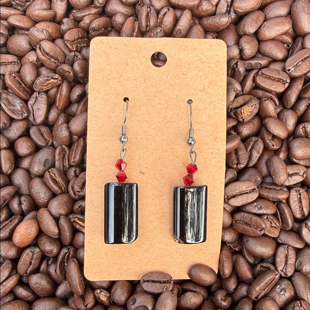 Black Onyx Cylinder Drop Earrings with Red Swarovski Accent